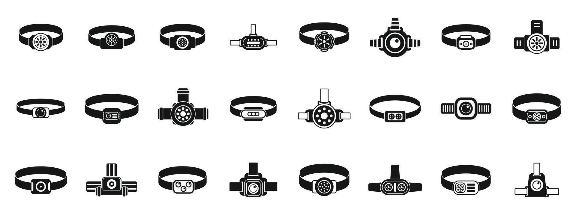 Headlamp icons set . A collection of wristbands with various designs and colors vector