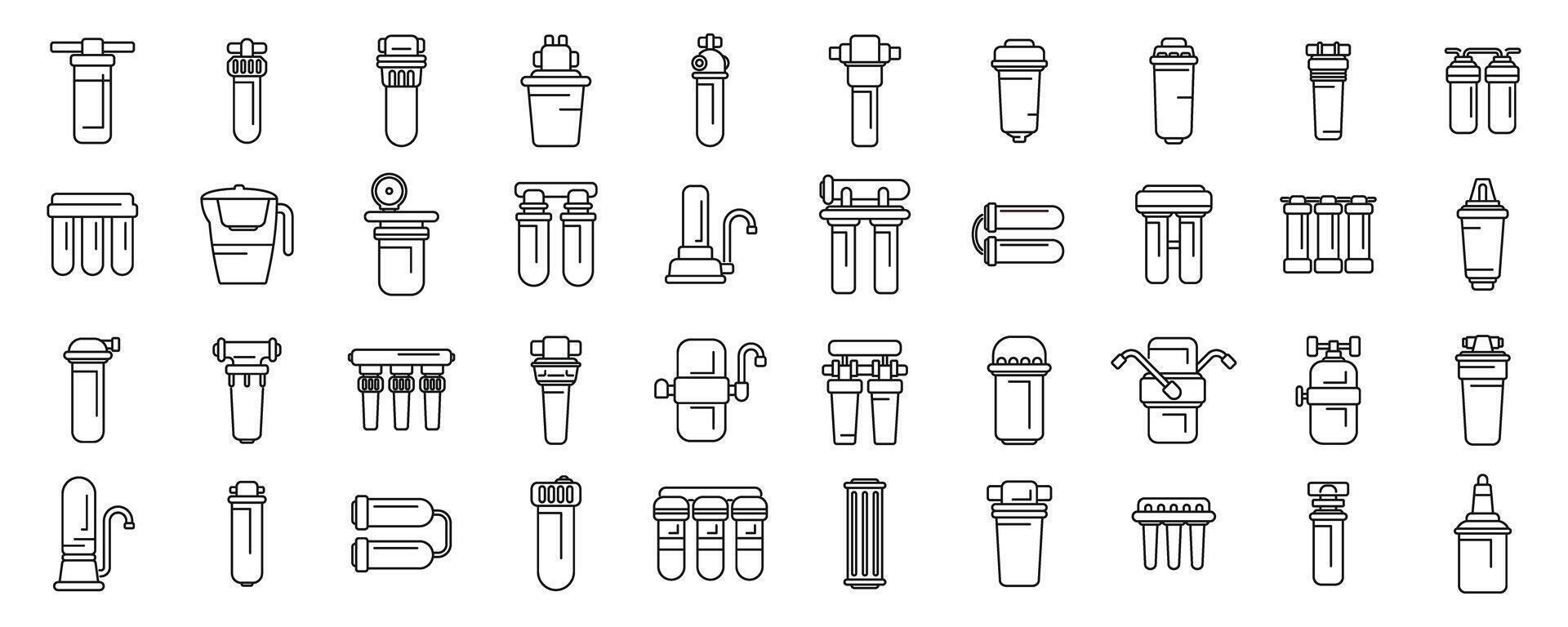 Filter for water purification icons set . A collection of water filters and purifiers vector