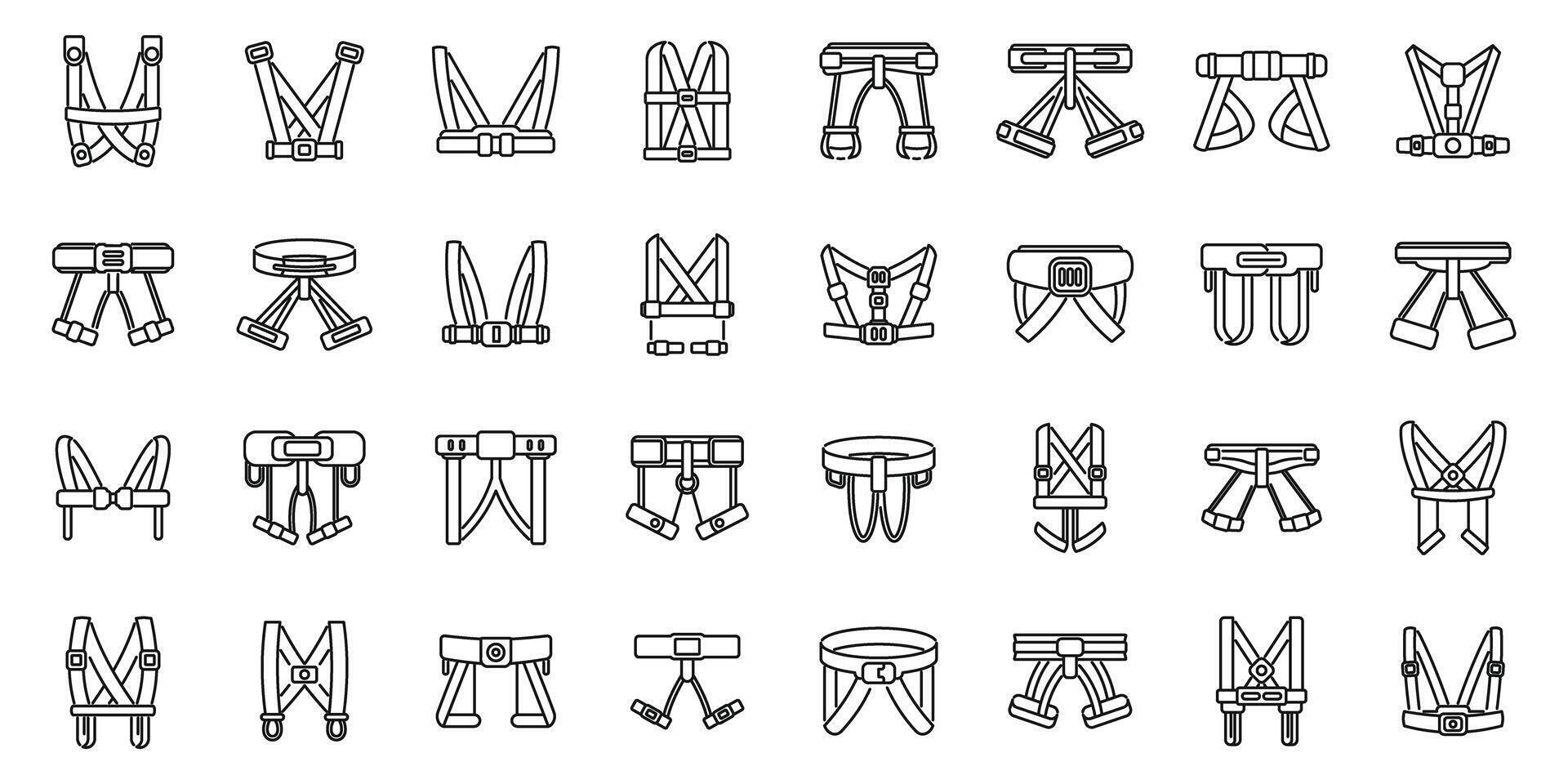 Climbing harness icons set . A collection of straps and harnesses are shown in a grid vector