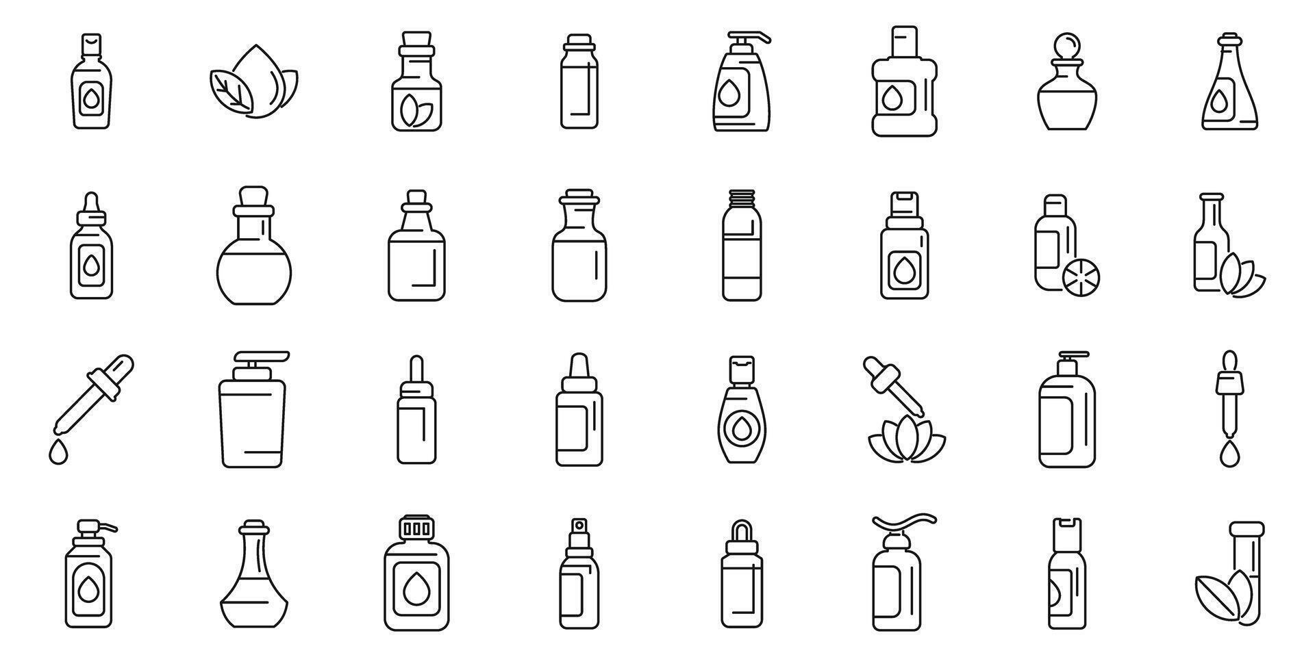 Massage oil icons set . A collection of various bottles and containers vector