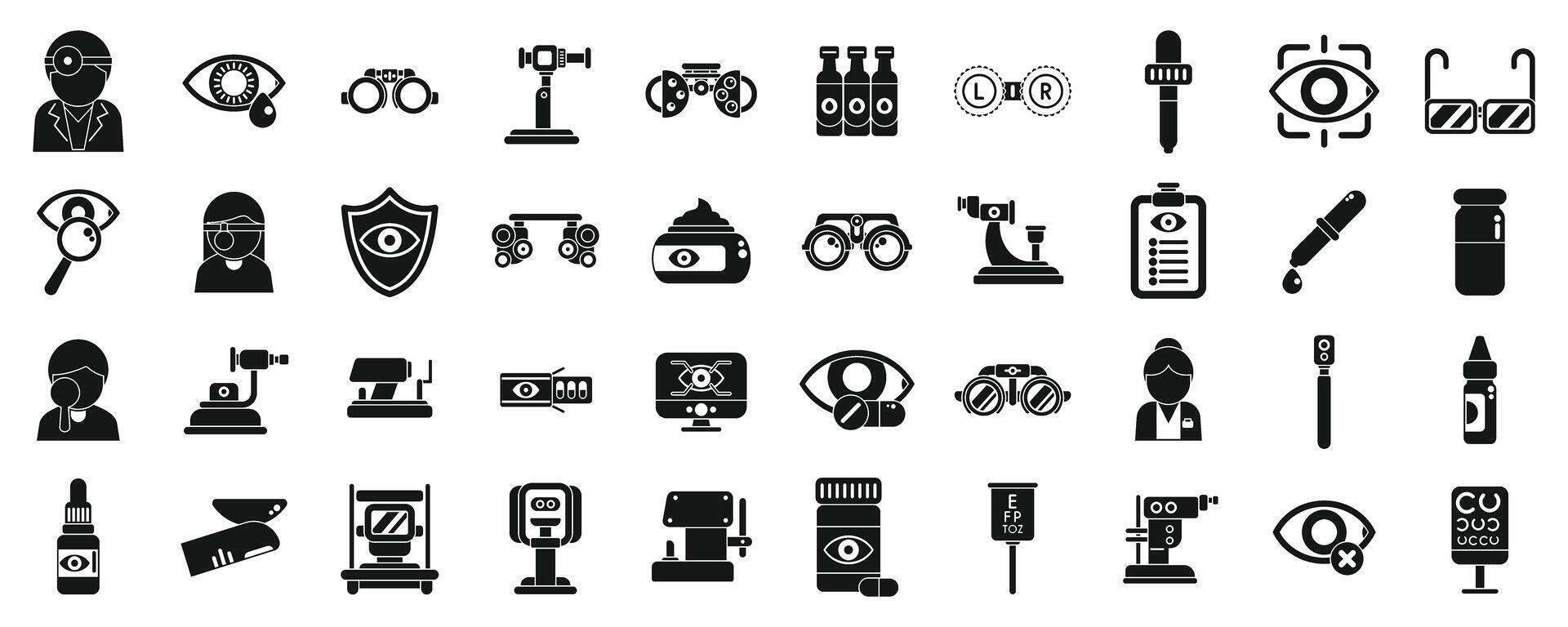 Optometrist icons set . A collection of medical icons including a stethoscope, a syringe, a bottle vector