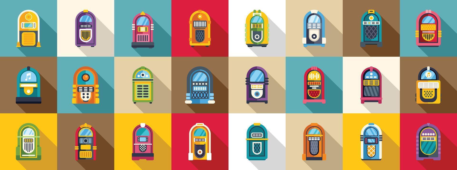 Jukebox icons set . A row of colorful jukeboxes with a variety of designs and colors vector