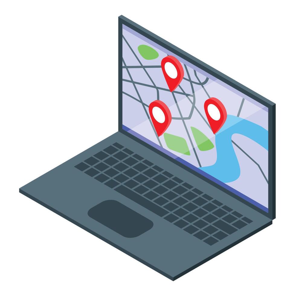 Isometric laptop with gps map and location pins vector