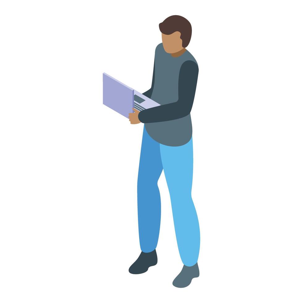 Isometric illustration of a businessman holding a laptop, suitable for corporate uses vector