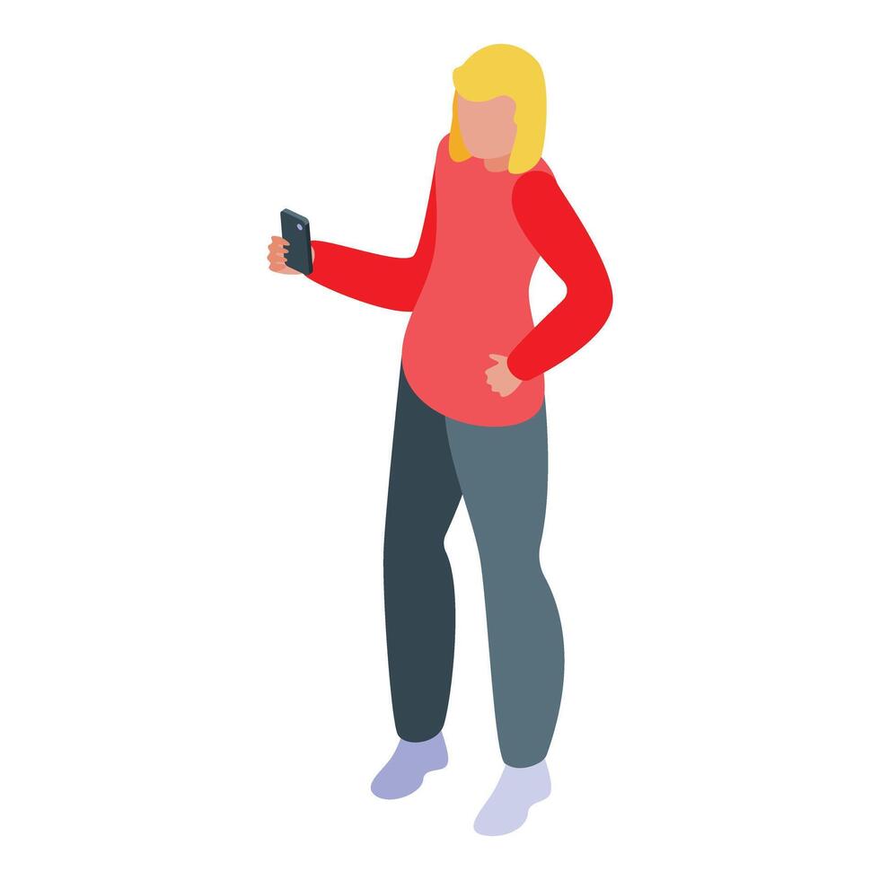 Isometric illustration of a woman with blonde hair standing while using a smartphone vector