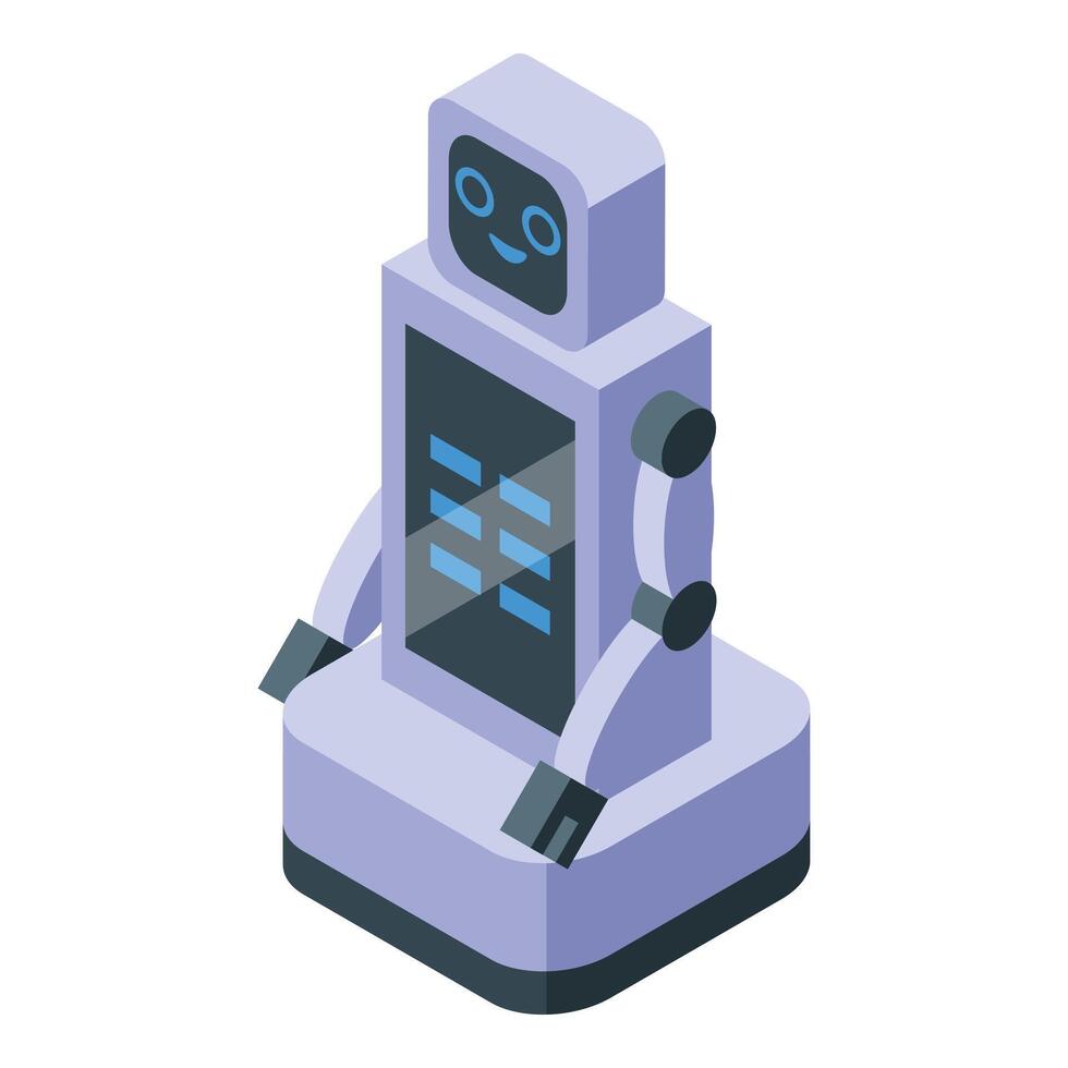 Playful, isometric illustration of a cute cartoon robot with a friendly face and digital screen vector