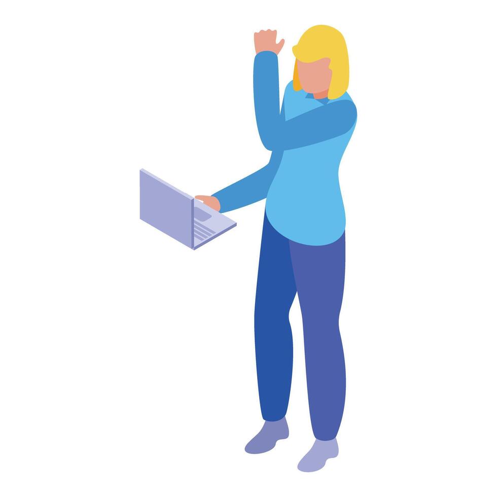 illustration of an isometric woman operating a laptop with one hand raised vector