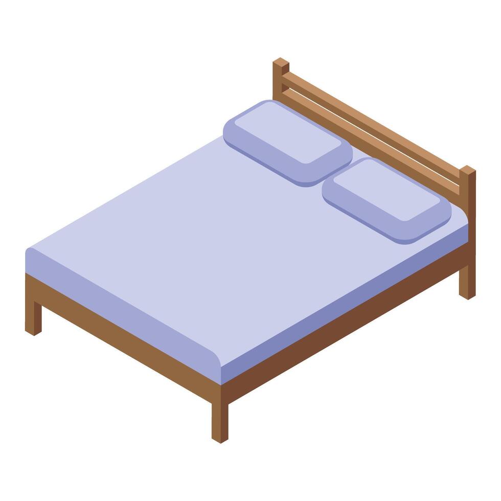 Digital illustration of an isometric view of a double bed with pillows in a minimalist style vector
