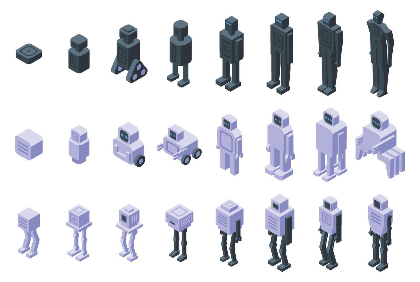 Robot evolution icons isometric set . A series of robot figures in various stages of development vector
