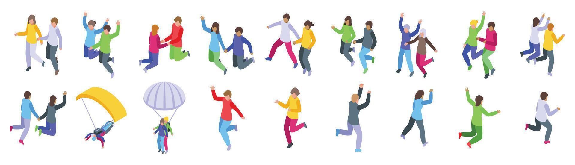 Couple jump icons isometric set . A group of people are jumping and playing in the air vector