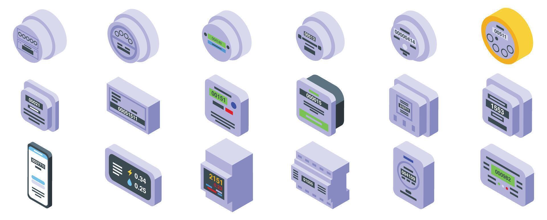 Household meters icons isometric set . A collection of electronic devices including a cell phone, a clock vector