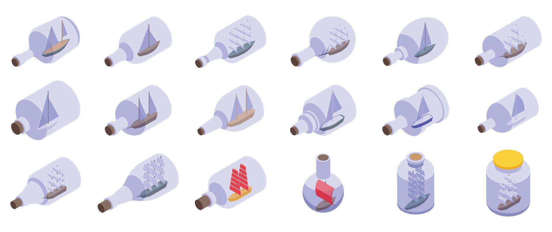 Sailboats bottles icons isometric set . A collection of glass bottles with various shapes and sizes vector