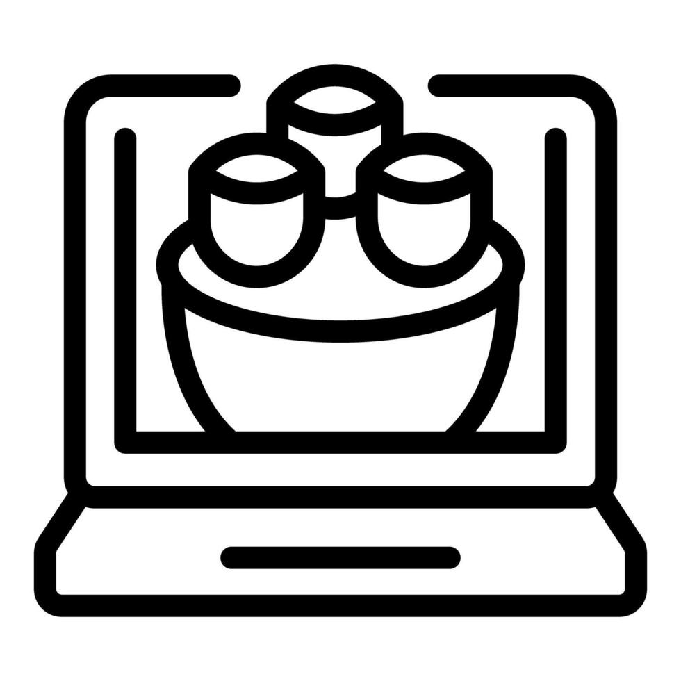 Black line icon depicting laboratory research equipment on a digital laptop screen vector