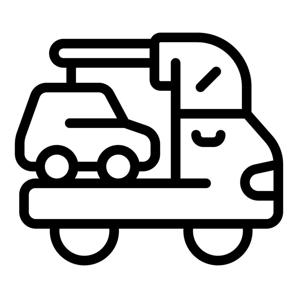 Black and white line icon of a flatbed tow truck with a car on top, isolated vector