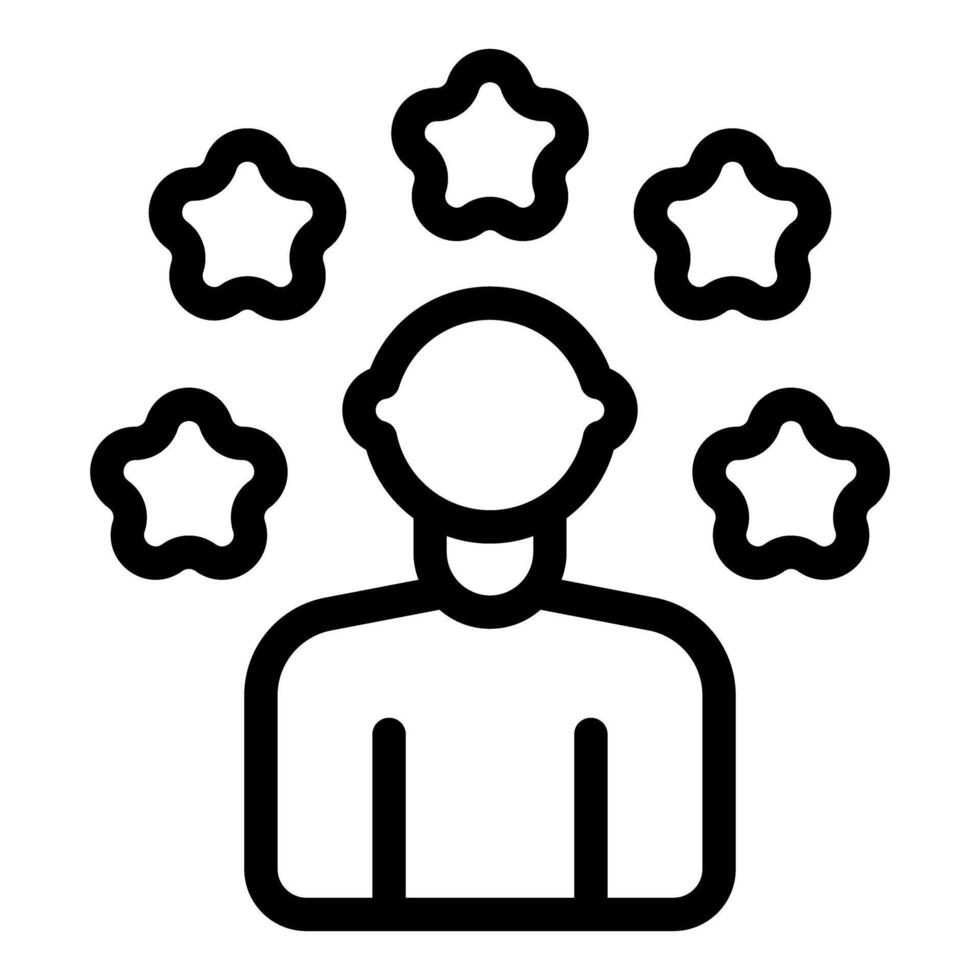 Graphic icon representing a person with five stars overhead, symbolizing client ratings vector