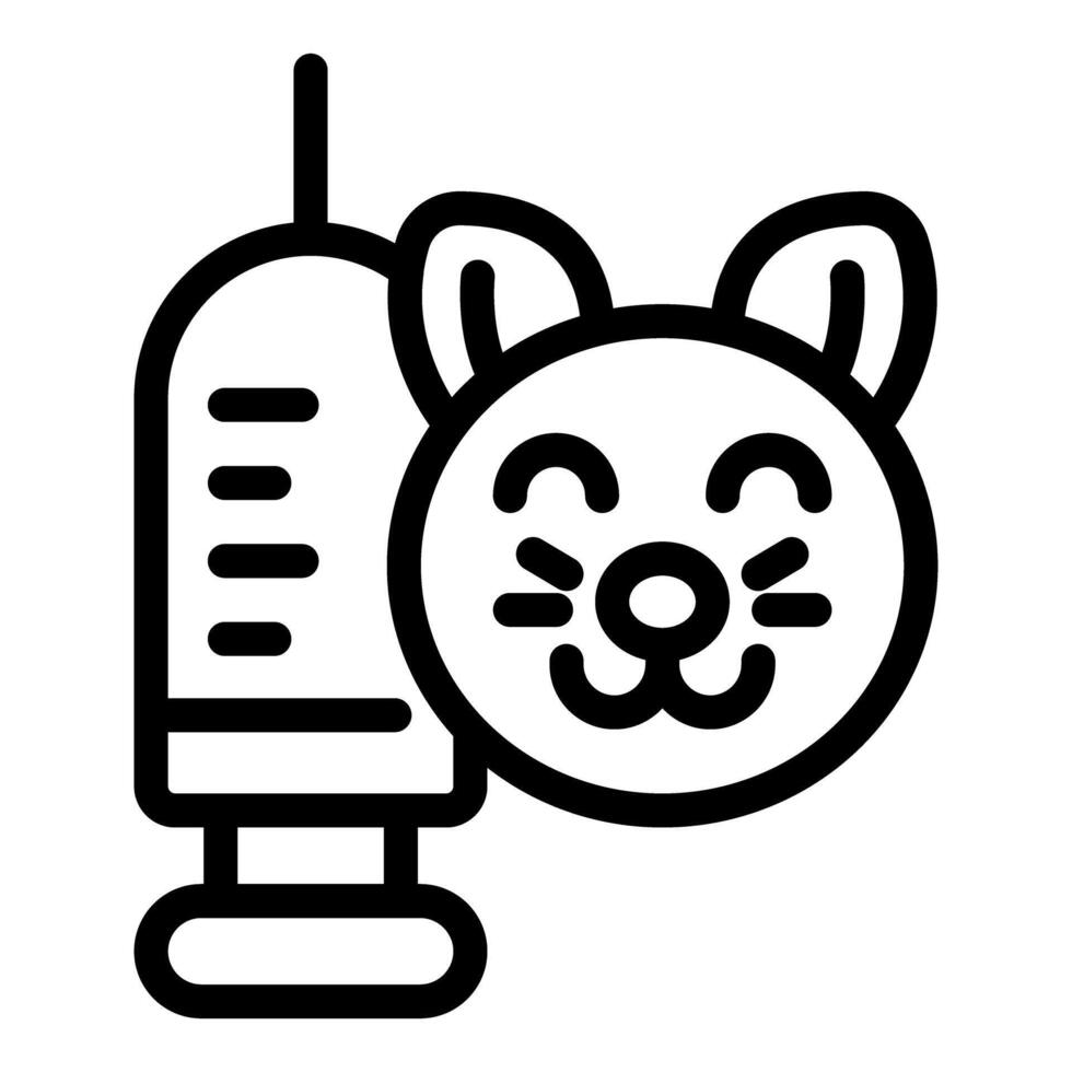 A black and white icon representing a syringe and a smiling cat, symbolizing pet health and vaccination vector