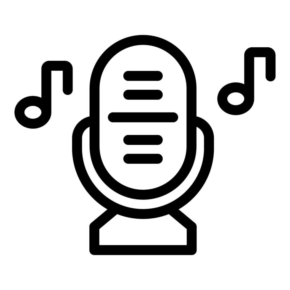 Black and white icon of a classic microphone with musical notes, symbolizing audio recording and singing vector