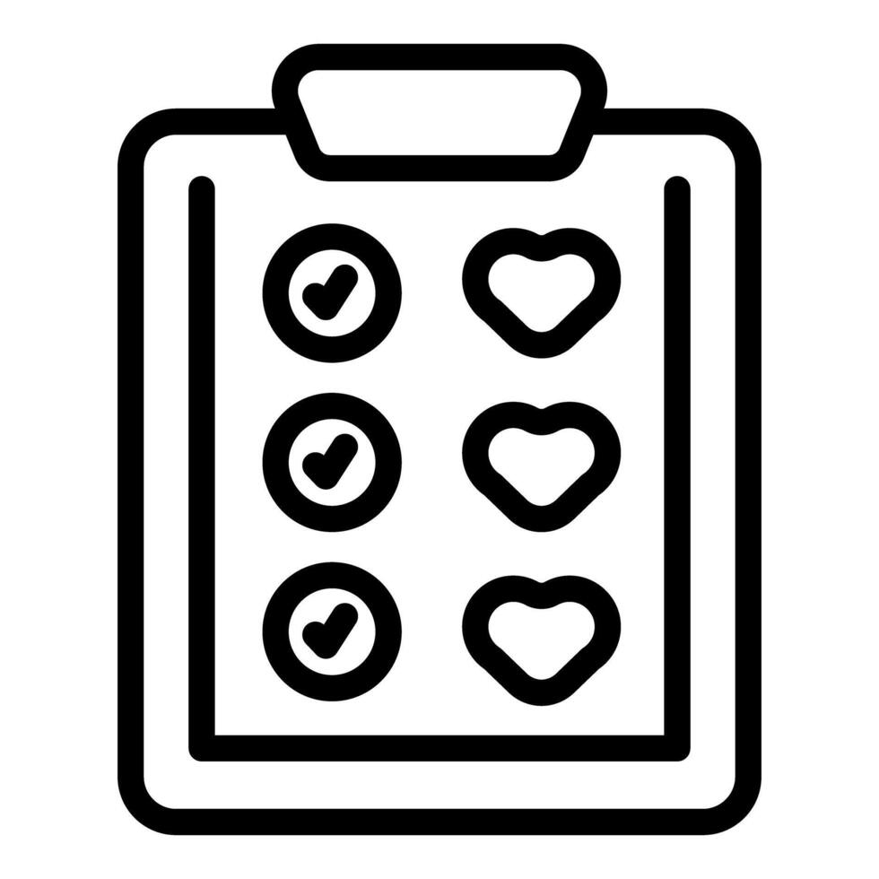Black outline image of a clipboard with heart checkmarks, symbolizing love preferences or choices vector