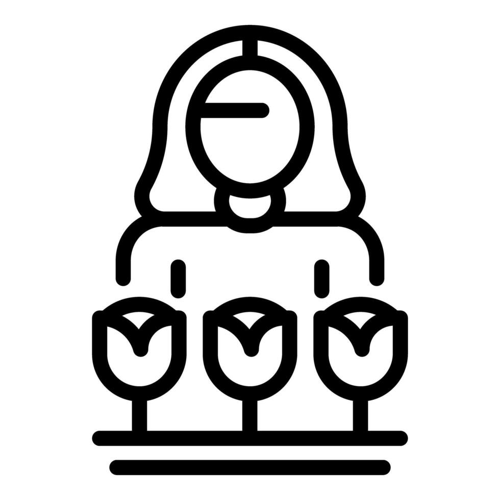Line art icon of a female figure nurturing three plants, symbolizing care and growth vector