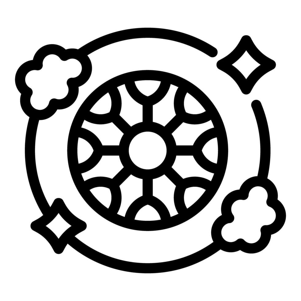 Black and white drawing of a car wheel with clouds vector