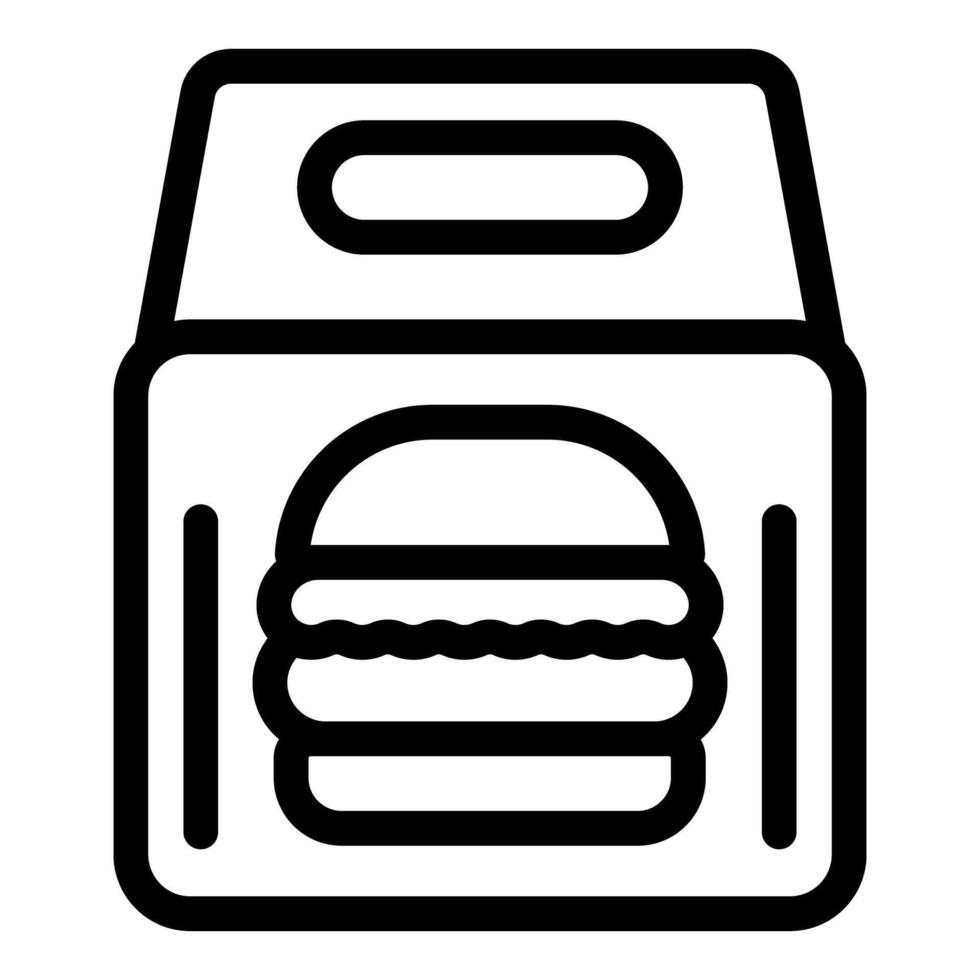 Black line icon of a burger takeout container, representing fast food and delivery vector