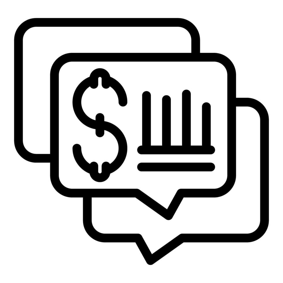 Black and white icon depicting a chat bubble with financial graph and dollar sign vector