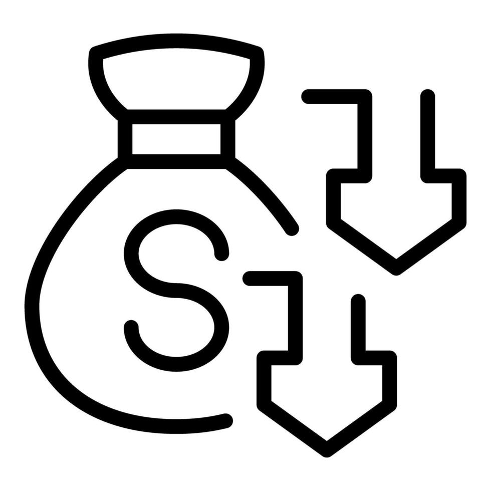 Line art icon illustrating cost reduction concept with a money bag and downward arrows vector