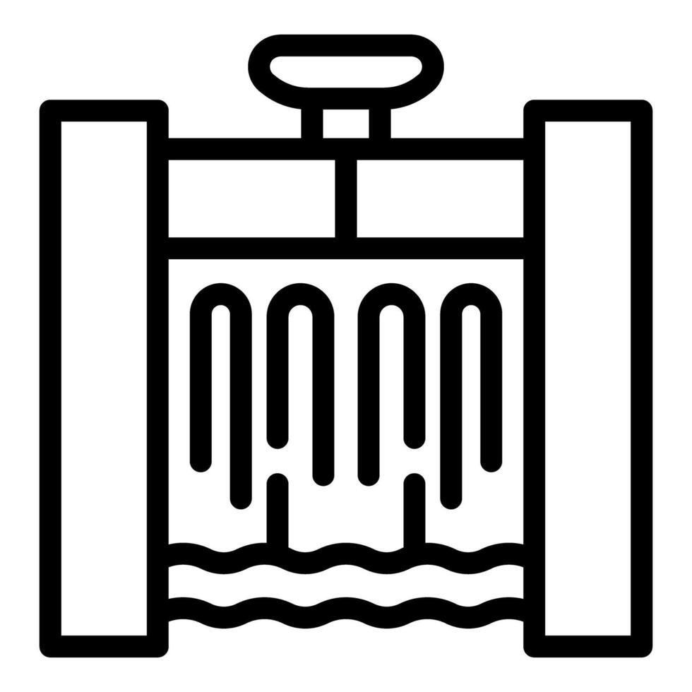 Black linear icon of a dam with water flowing through the gates vector
