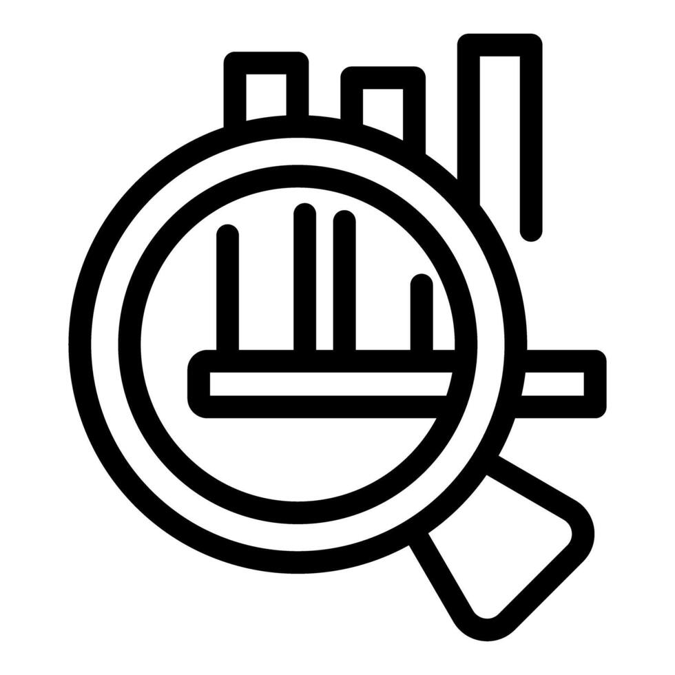 Black and white line art icon depicting financial analysis with charts and magnifying glass vector