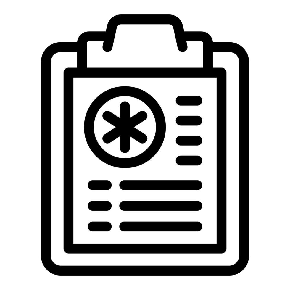 Black and white line art of a medical report clipboard icon vector