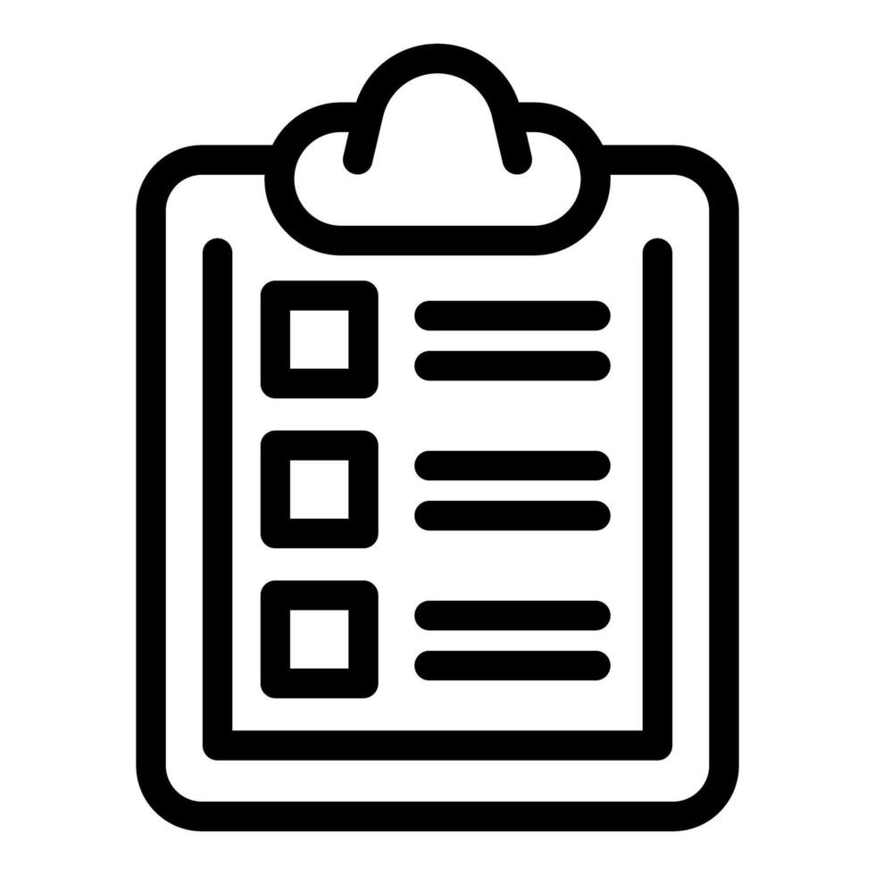 Black line icon depicting a clipboard with a checklist, suitable for web and print vector