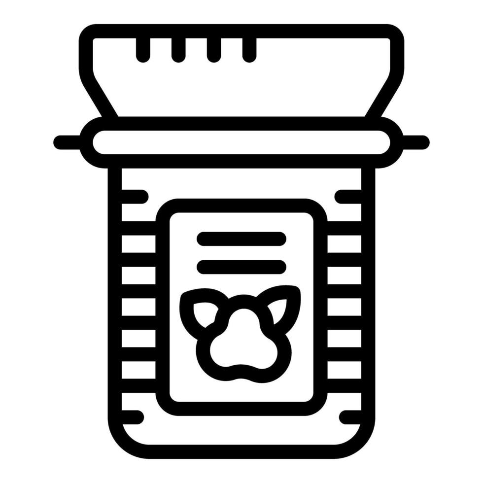 Simple black and white icon of a pet food bag with a paw print vector