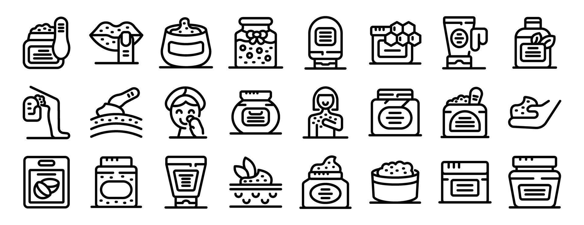 Cosmetic scrub icons outline set . A collection of various items related to beauty and personal care vector