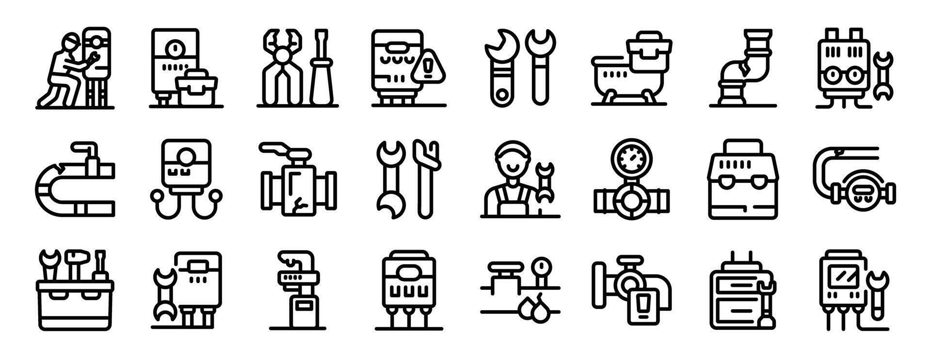 Fix heater pipeline icons outline set . A collection of black and white icons for various tools and equipment vector