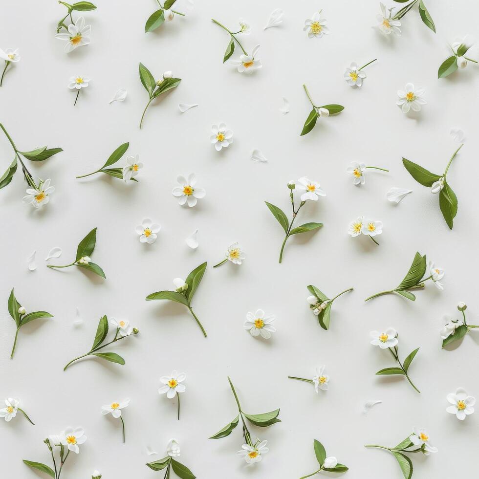 White Flowers and Green Leaves on White Background photo