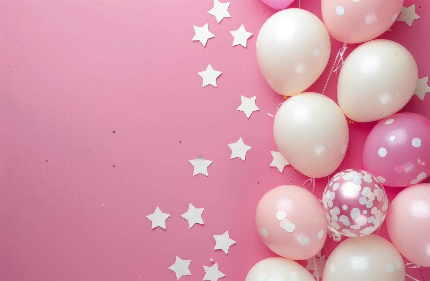 Pink and White Balloons and Confetti on a Pink Background photo