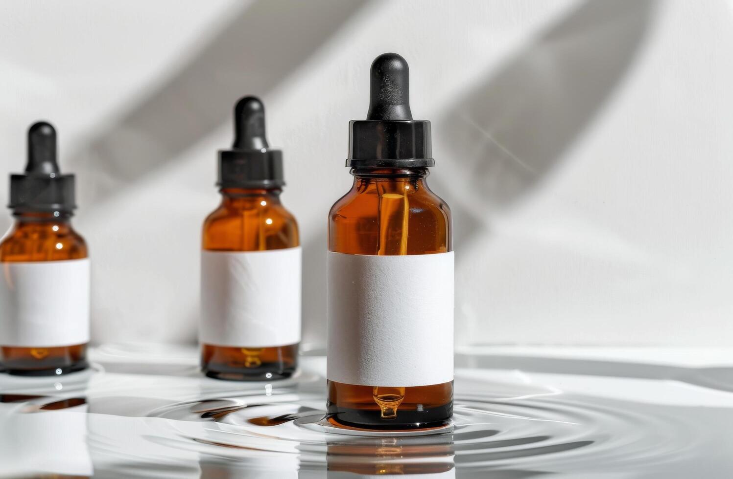 Three Bottles of Essential Oils on Table photo