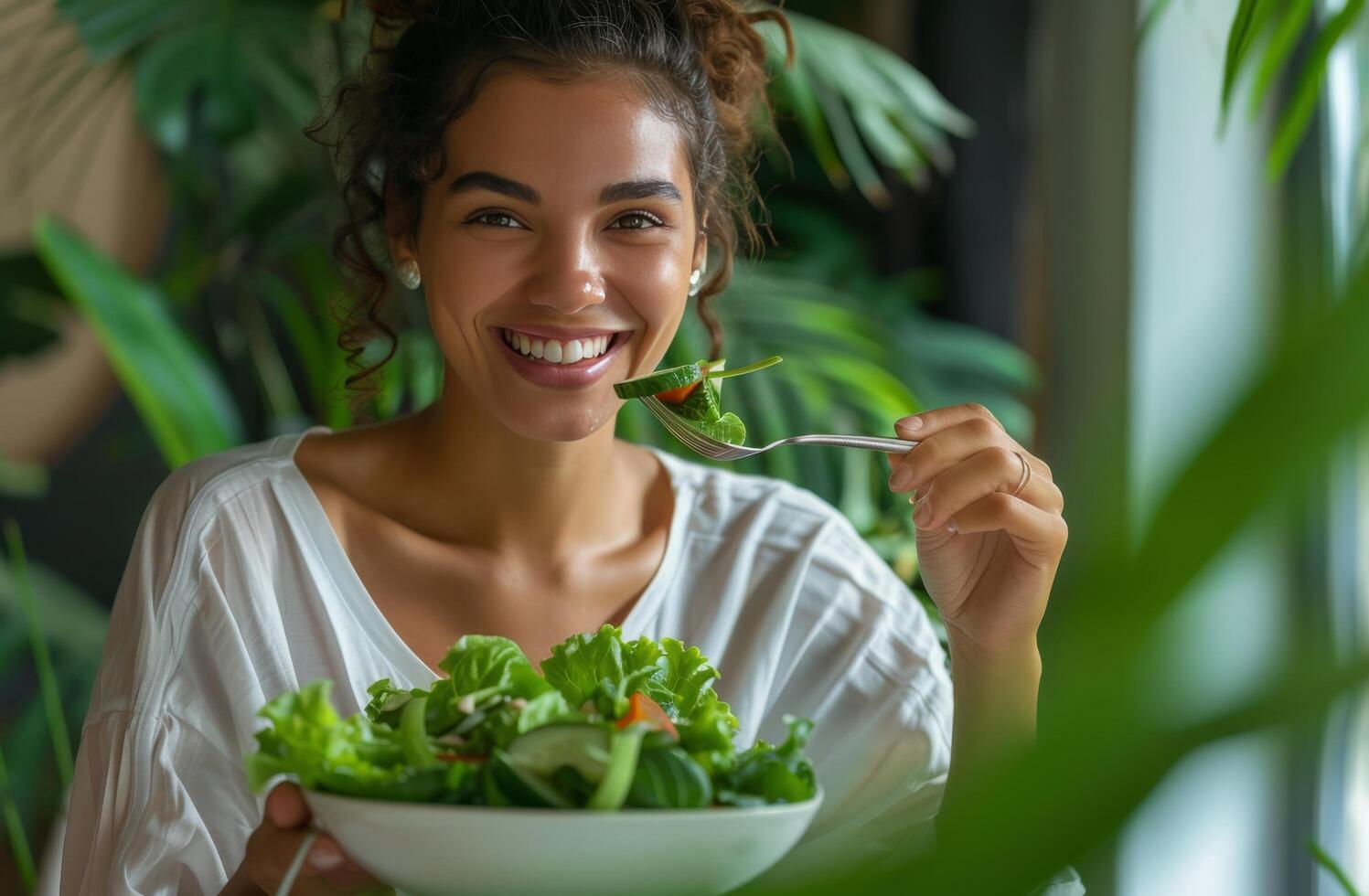 mujer comiendo ensalada a mesa foto