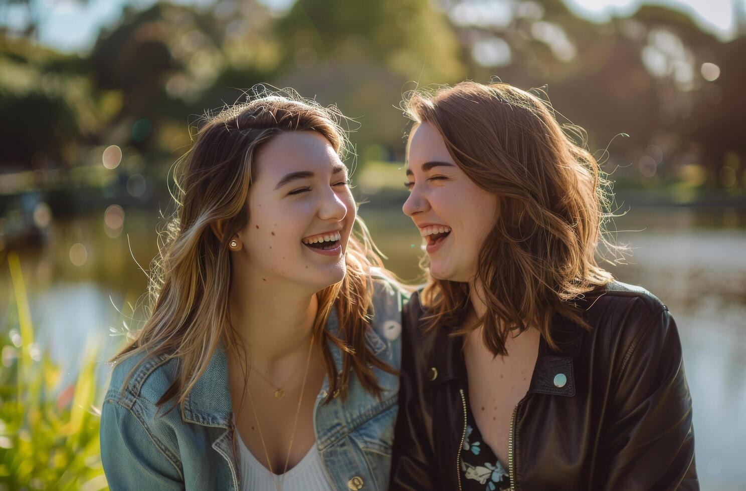 Two Young Women Laughing and Looking at Each Other photo