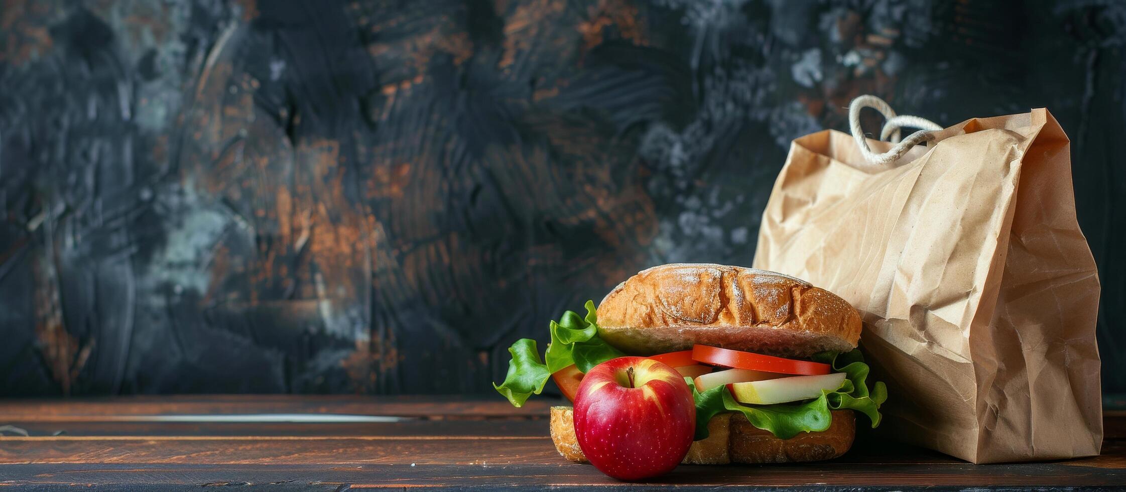 Paper Bag With a Sandwich and an Apple photo