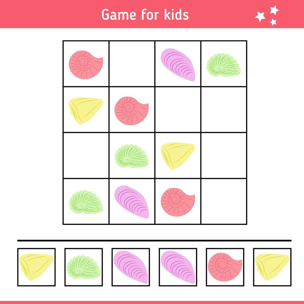 Sudoku for Kids with Seashells. Educational Game for Children. vector