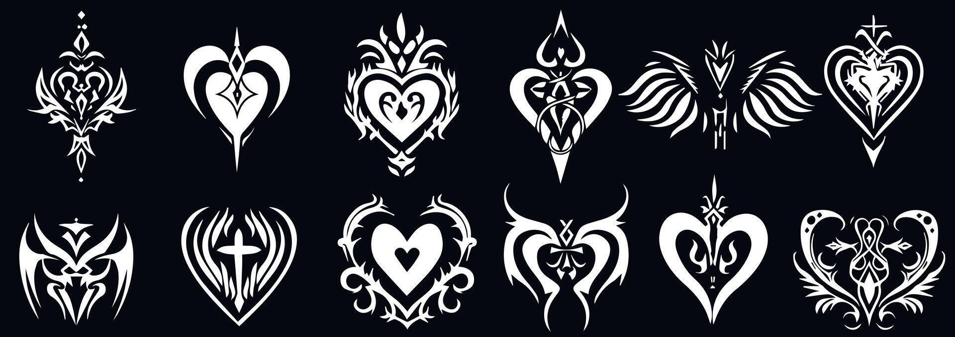 Acid Neo-tribal shapes. Abstract ethnic shapes in gothic style. Hand drawn modern elements for typography, tattoo, poster, cover. Dripping heart tattoo prints vector