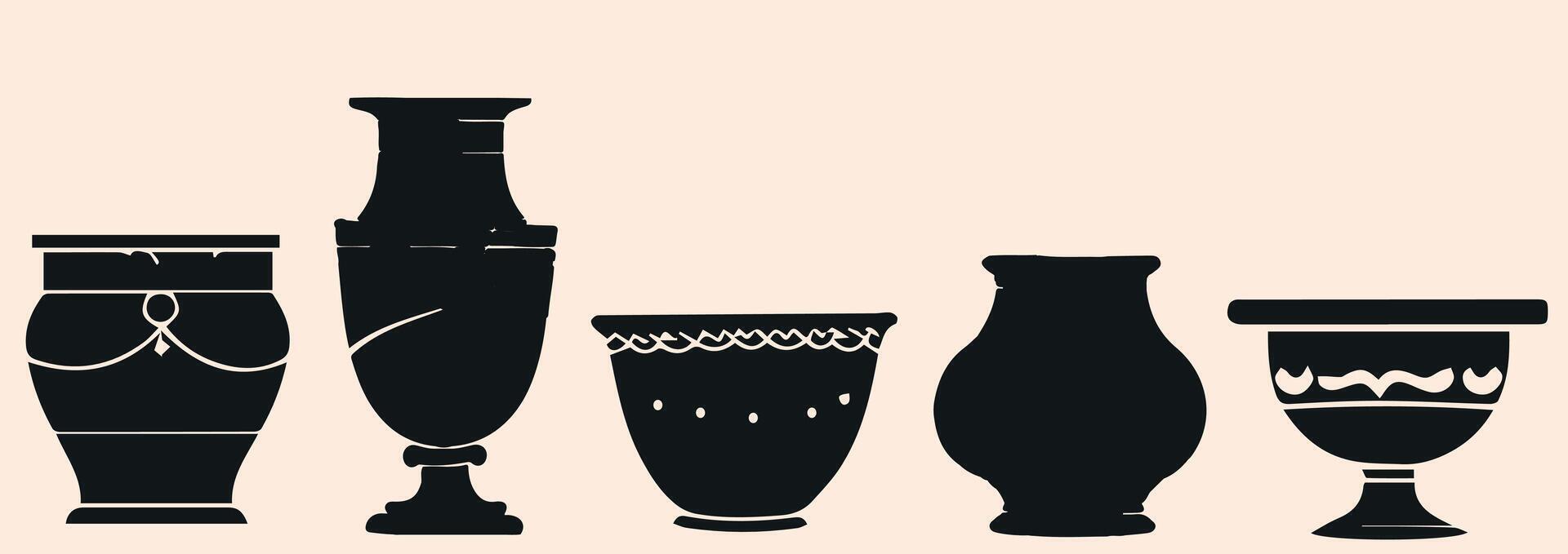 Silhouettes of ancient Greek vases with ornament. Illustrations of antique vases in trendy bohemian style. For poster design, wall, pattern, collage. vector
