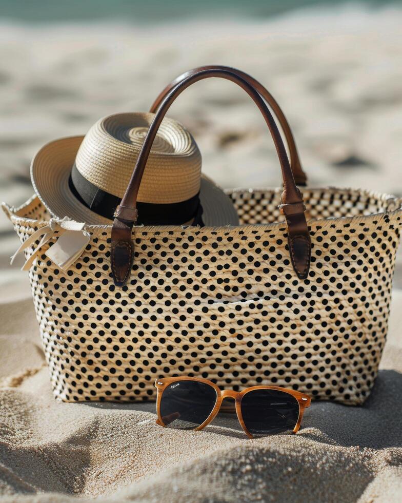 Hat, Sunglasses, and Straw Bag on the Beach photo