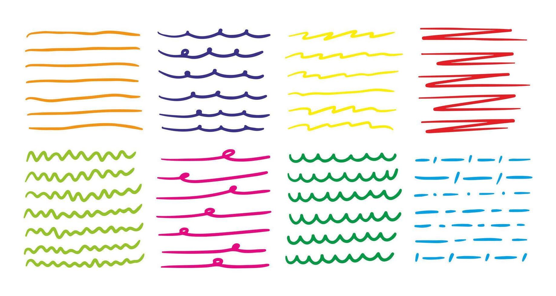 Hand drawn color lines by pen. Doodle strokes, underlines by pencil. Brush scribbles, frames, borders, design elements. vector