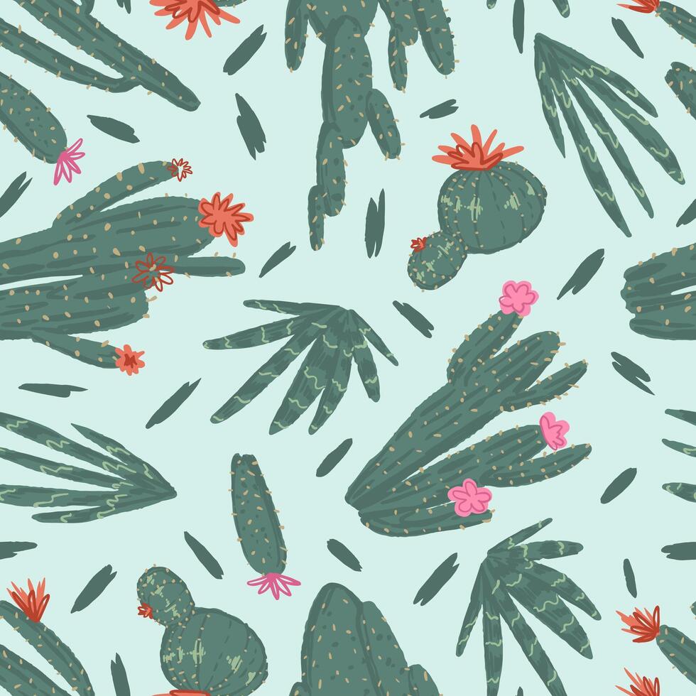Cactus abstract ornament. Exotic desert cacti, wild plants, prickly succulents in flat style. Bright botanical seamless pattern. vector