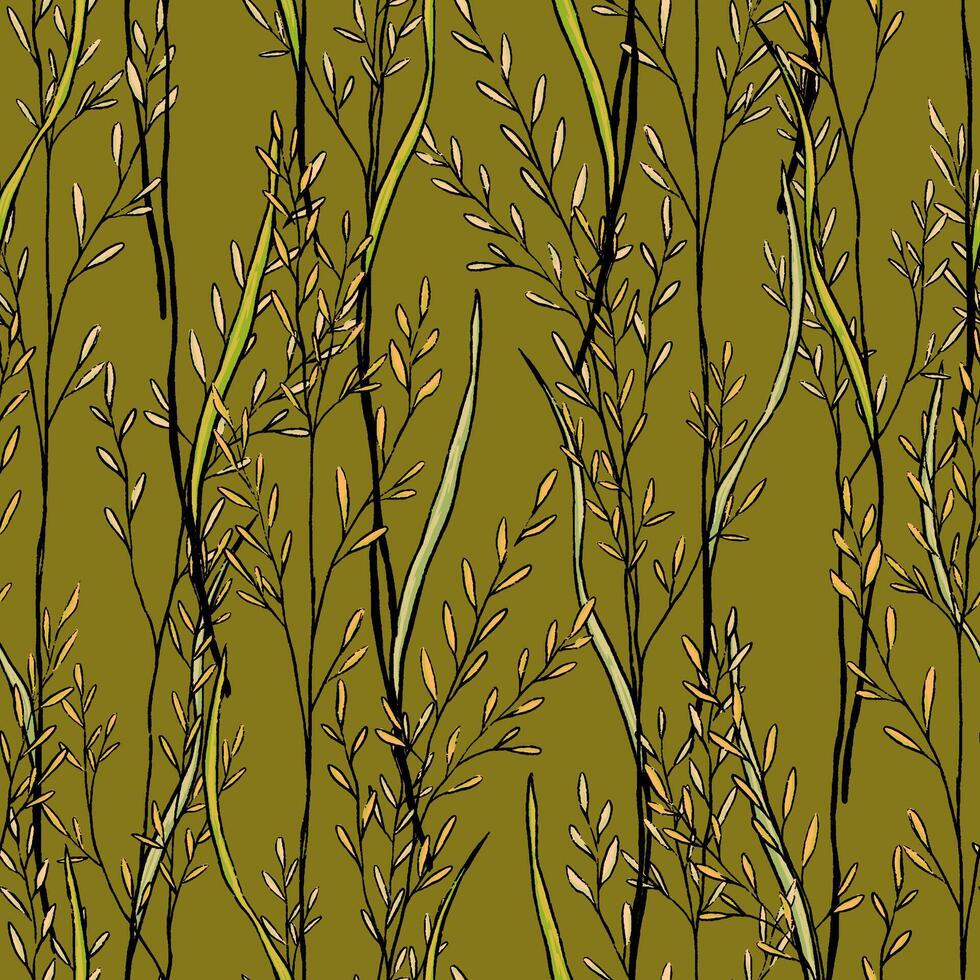 Sketches of field plants. Hand drawn seamless pattern. Gentle colorful botanical ornament. Abstract summer design for print, wrap, decor, fabric, textile, background, wallpapers, scrapbooking. vector