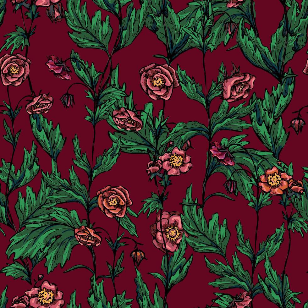 Geum Rivale flowers, wild plants decorative wallpaper. Hand drawn vintage seamless pattern. Botanical gentle floral background. vector
