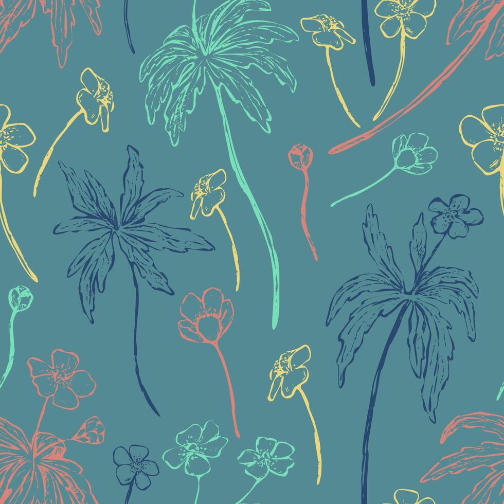 Buttercup Anemone flowers, wild plants decorative wallpaper. Hand drawn vintage seamless pattern. Botanical abstract gentle floral background. Design for wrap, textile, print, fabric. vector