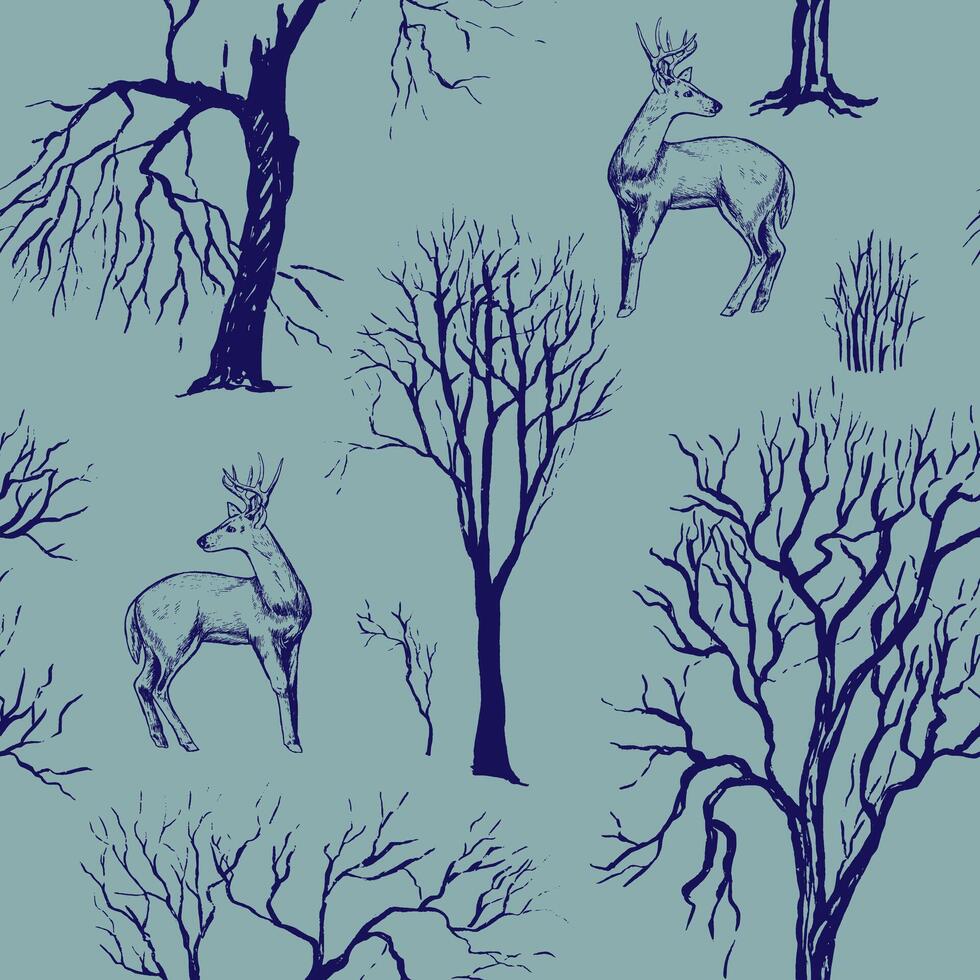 Deer in the forest vintage seamless pattern. Animals and tree sketches. Hand drawn natural wallpaper. Outline forest life background. vector